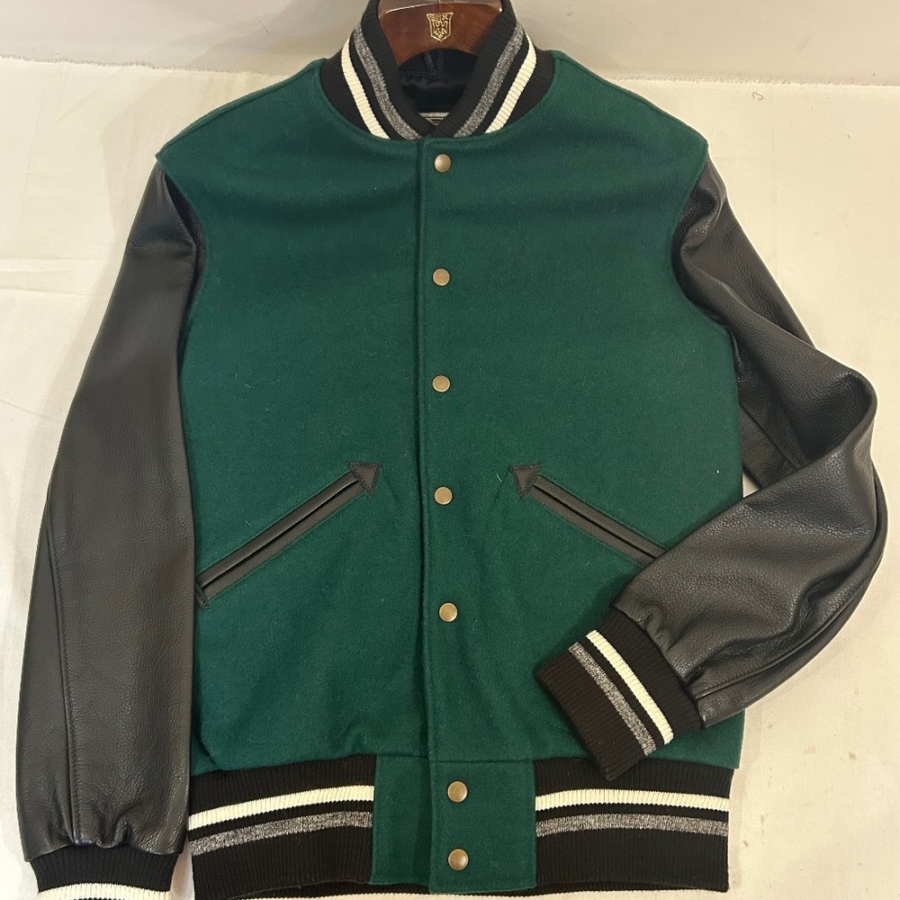 Roots Green Varsity‎ Jacket Sz S Wool Varsity Monogram Sleeve Logo Jacket